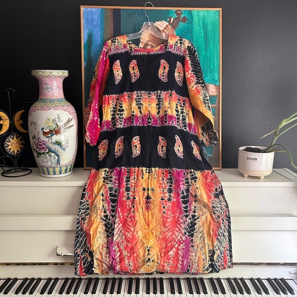 Boho Colorful Women's Indian Blouse Tie Dye & Black Accents Large Free Size - Picture 2 of 16